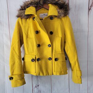 Maria D Wool Blend Women’s XS Double Breasted Pea Coat, Yellow, Detachable Hood